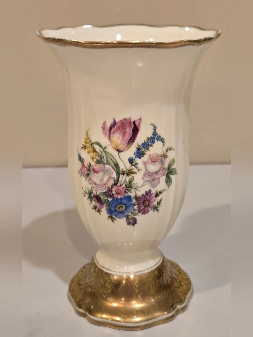 Antique 1930s Rosenthal Porcelain Floral Pedestal Vase Cream with Gold Trim